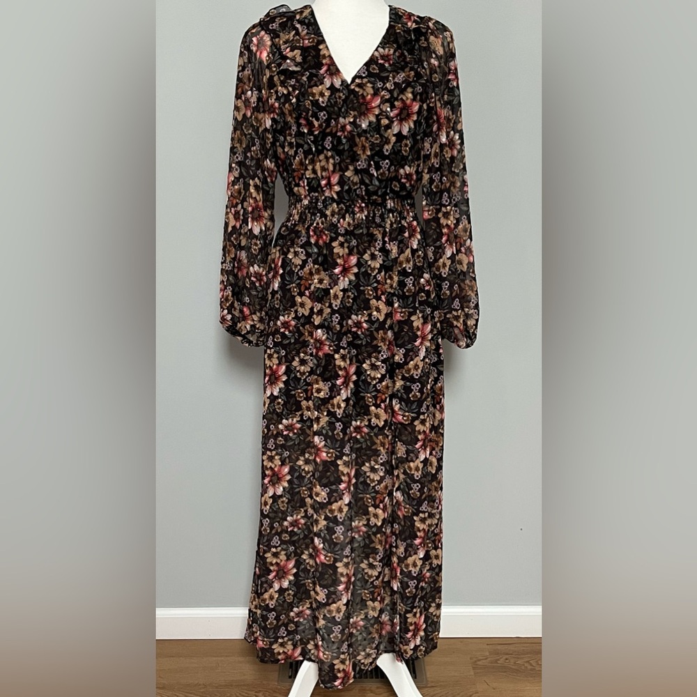 Vestique Long Sleeve Floral Maxi Dress Size Small Multicolor Lined Vneck